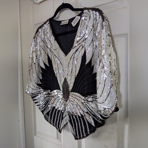 Vtg Designr ShoMax Kazar 3 Black Formal Silk Tops Lg 12 Xlg 14 Beads/Sequins WOW - Picture 6 of 15